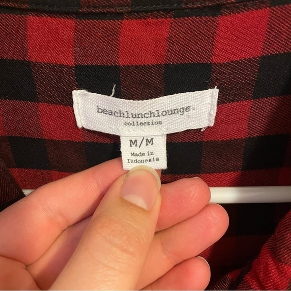 BEACHLUNCHLOUNGE Red Plaid Rose Embroidered Button Front Long Sleeve Top - Picture 3 of 5